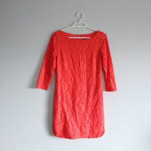 Vince Camuto Women's Sz 4‎ Coral Lace 3/4 Zipper Wide Neck Lined Midi Dress